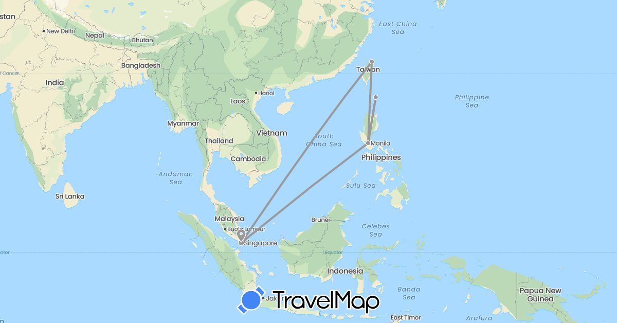 TravelMap itinerary: driving, plane in Philippines, Singapore, Taiwan (Asia)